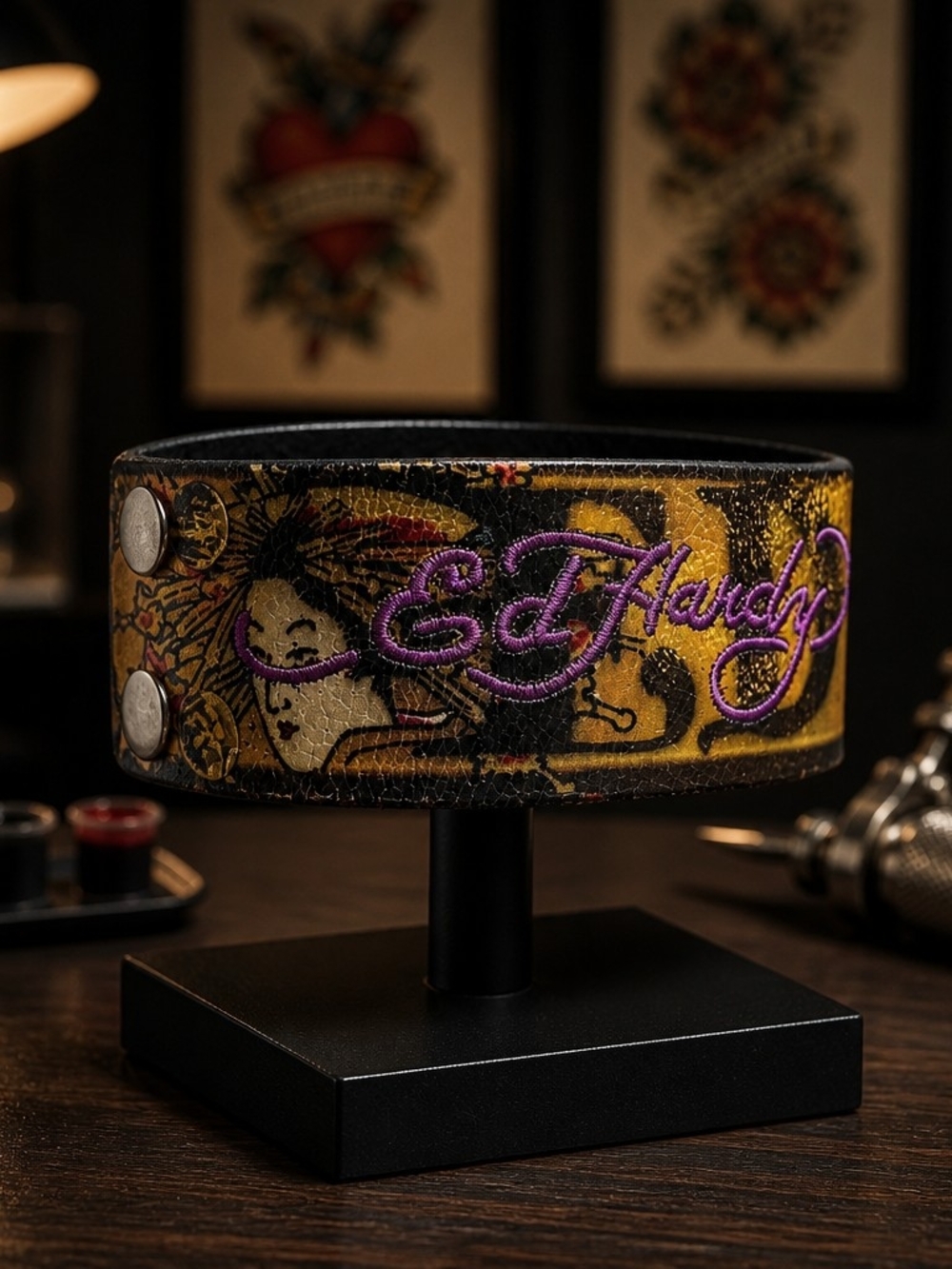 Ed Hardy Black, Yellow & Purple Leather Cuff Bracelet